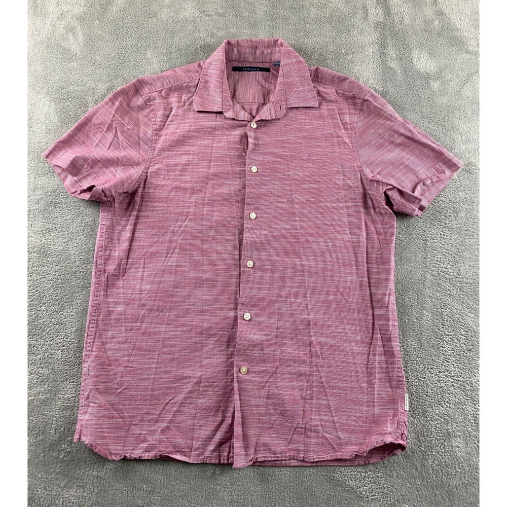 Perry Ellis Mens Short Sleeve Button Down Shirt Burgundy Space Dye Cotton Size M